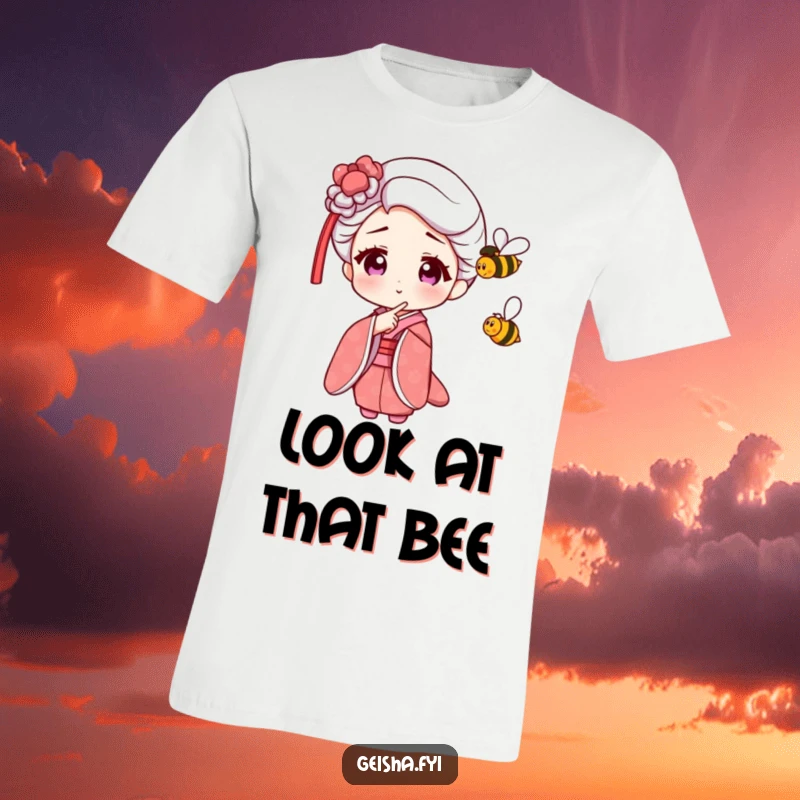 Funny Geisha T-Shirt where the character amusingly points at a tiny, buzzing bee, creating a humorous scene.