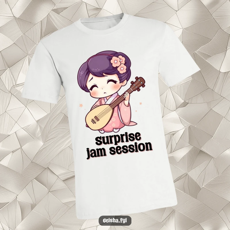 Funny Geisha T-Shirt: Surprised character plays a tiny shamisen, a hilarious graphic tee for music lovers.