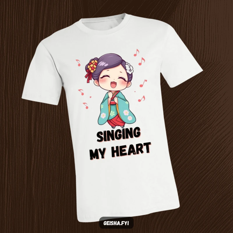Funny Geisha T-Shirt: A happy geisha character sings with delight, with colorful musical notes swirling around her, celebrating joy.
