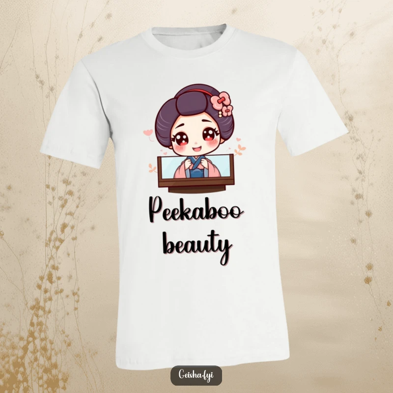 Funny t-shirt depicting a giggling geisha with large, enchanting eyes peeking shyly from behind an ornate screen.