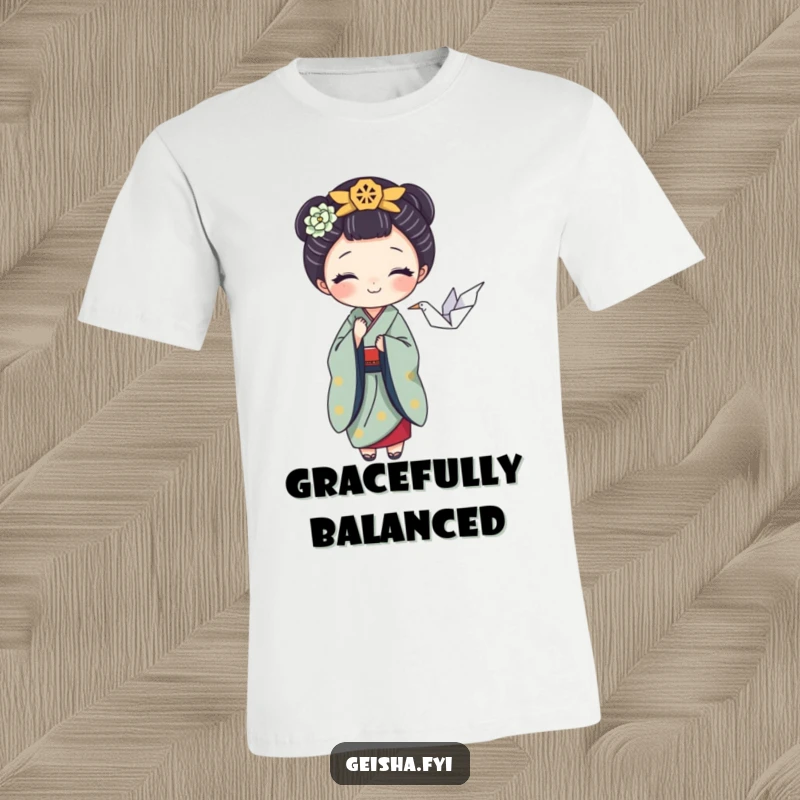 Funny t-shirt with a playful geisha character balancing a tiny origami crane, showcasing artistic flair and humor, a great gift.