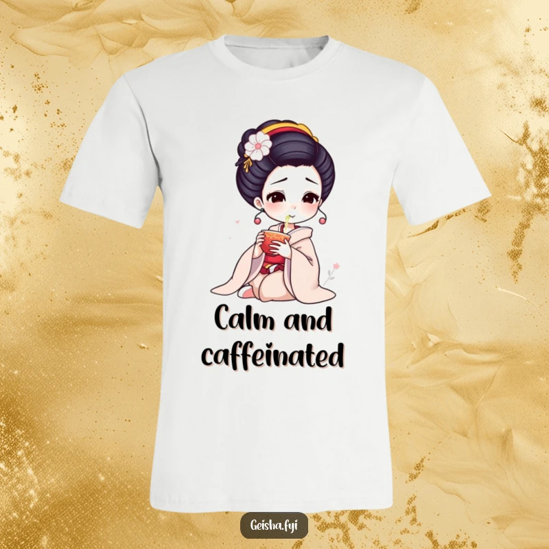 Funny Geisha T-Shirt: Elegant character delicately sips tea, a comfortable and humorous graphic tee.