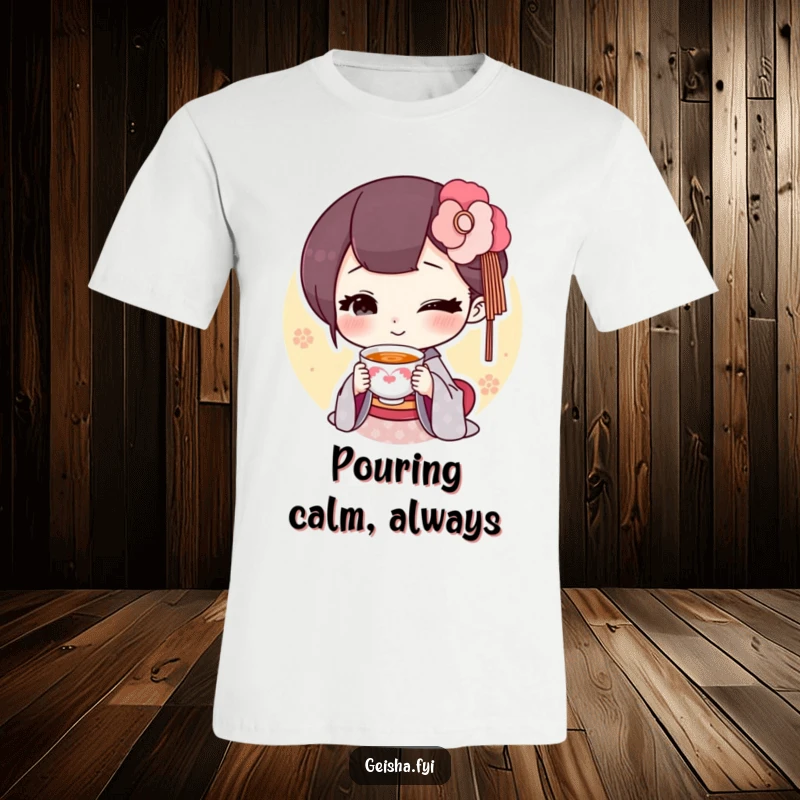 Funny geisha offering a tiny smiling teacup t-shirt, charming pose, subtle humor, ideal funny gift.