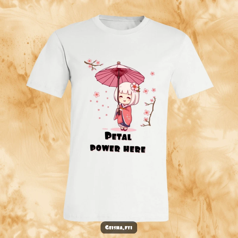 Funny geisha umbrella t-shirt design of character giggling while catching cherry blossoms. Whimsical, cheerful, and amusing apparel.