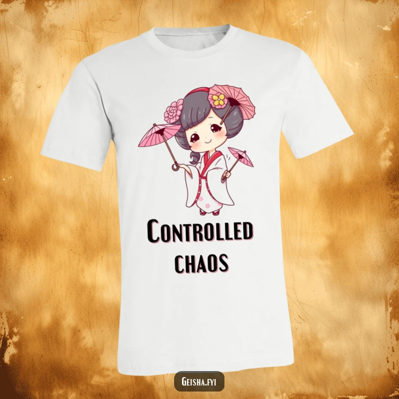 Funny geisha t-shirt, a geisha shows a mischievous smile while juggling three small umbrellas, bringing joy and laughter.