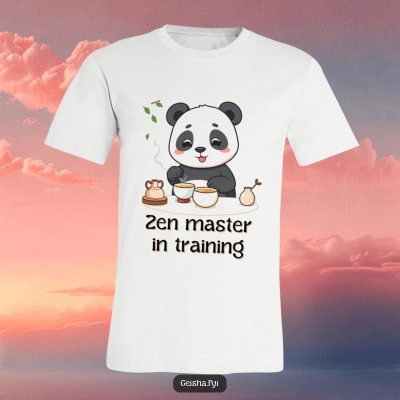 Funny t-shirt with a cute panda hilariously botching a tea ceremony, a humorous and relatable design.