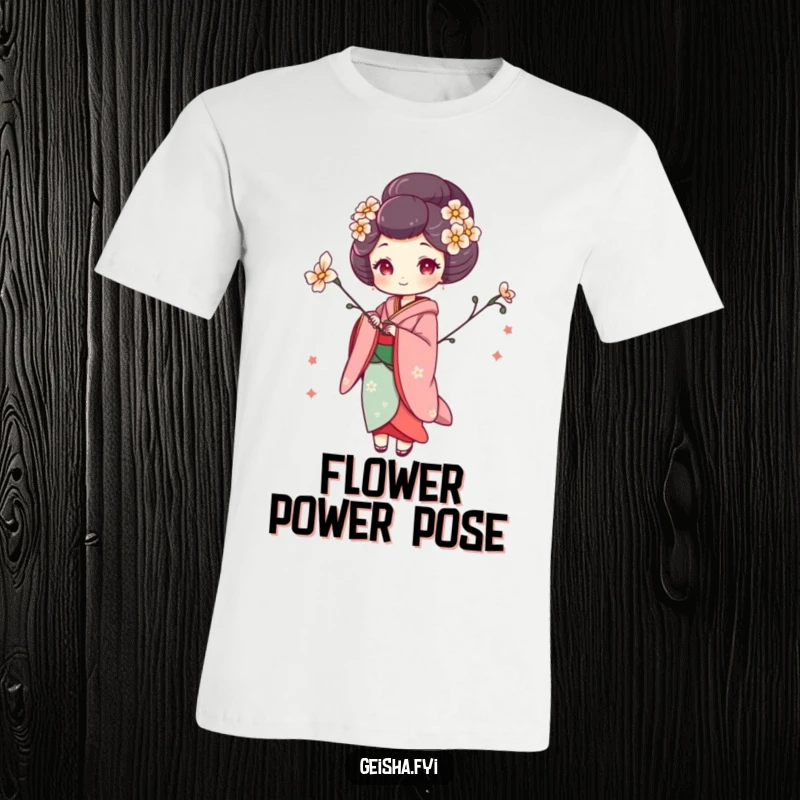 Funny geisha t-shirt with a woman striking a whimsical pose holding a flower, celebrating artistic expression and playful style.