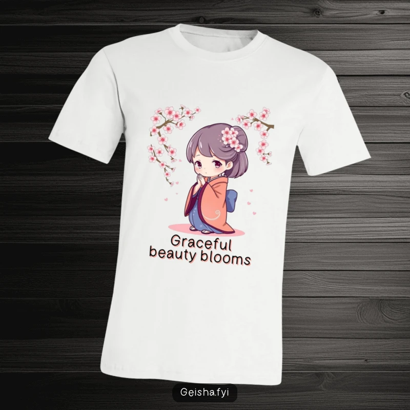 Stylish t-shirt featuring a geisha character in a graceful bow, with a gentle cascade of cherry blossoms falling around her, showcasing delicate artistry.
