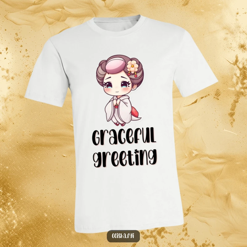 Funny Geisha Bowing T-Shirt: A geisha character with delicate makeup bowing cheerfully and elegantly.