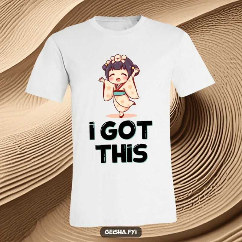 Funny geisha doll t-shirt design of character doing a cartwheel with a joyful expression. Energetic, happy, and amusing apparel.