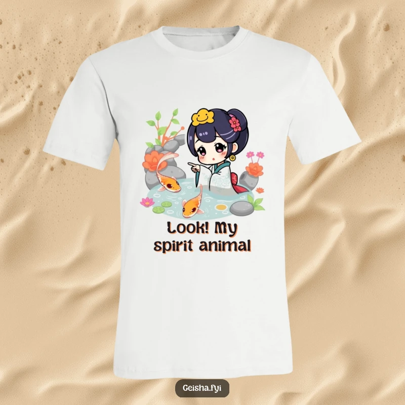 Funny T-Shirt: A geisha character joyfully indicates a stunning, colorful koi fish in its serene pond habitat.