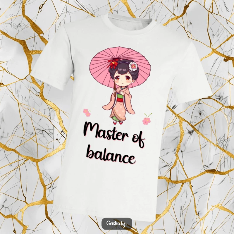 Funny t-shirt depicting an elegant geisha character playfully balancing a decorative parasol with poise and charm.
