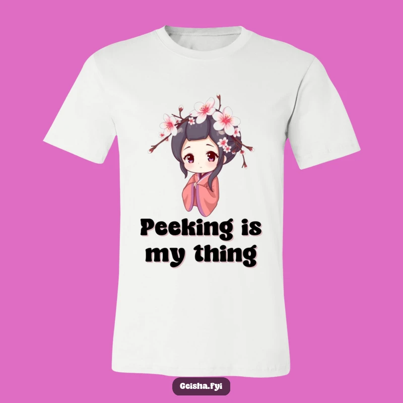 Funny Shy Geisha T-Shirt: Cherry Blossom Peek, Perfect Delicate Tee