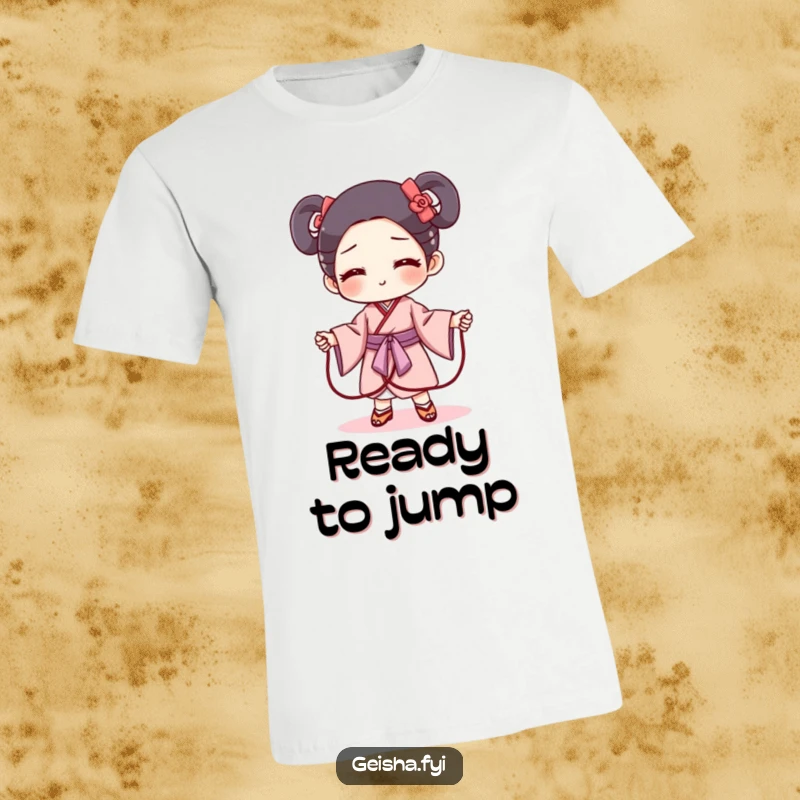 Funny geisha obi t-shirt design of a mischievous obi character ready to be jumped over. Playful, humorous, and athletic apparel.