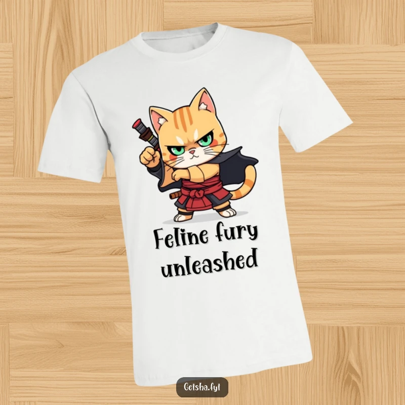 Funny T-Shirt: A determined, cartoonish cat warrior in samurai attire, holding a sword and striking an epic, dramatic pose with intensity.