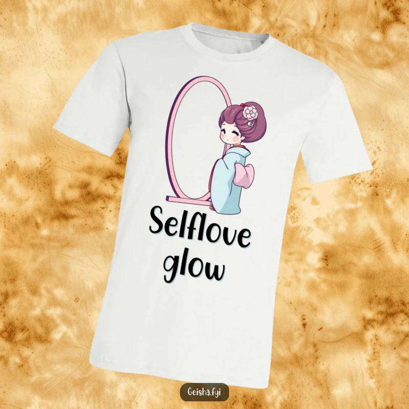 Funny geisha t-shirt, a geisha sighs happily while admiring her reflection in a mirror, celebrating self-worth.