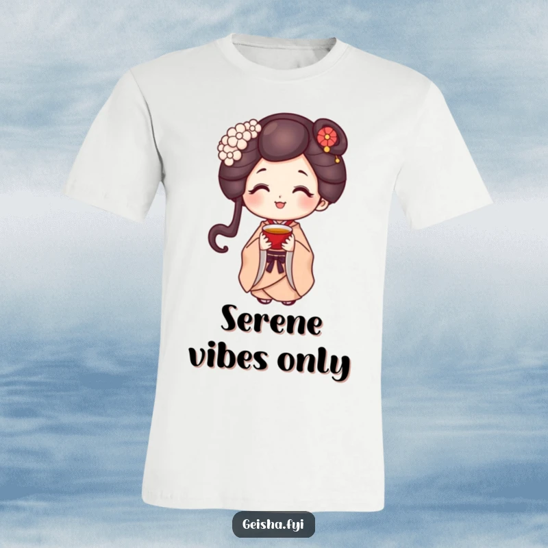 Funny geisha wearing a kimono, smiling sweetly while offering a tiny cup of tea on a comfortable t-shirt.