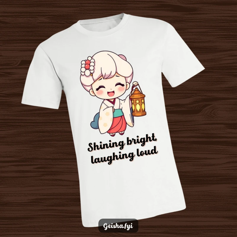 Funny T-Shirt: A geisha holds a small lantern, its light illuminating a face split in joyful, hearty laughter.