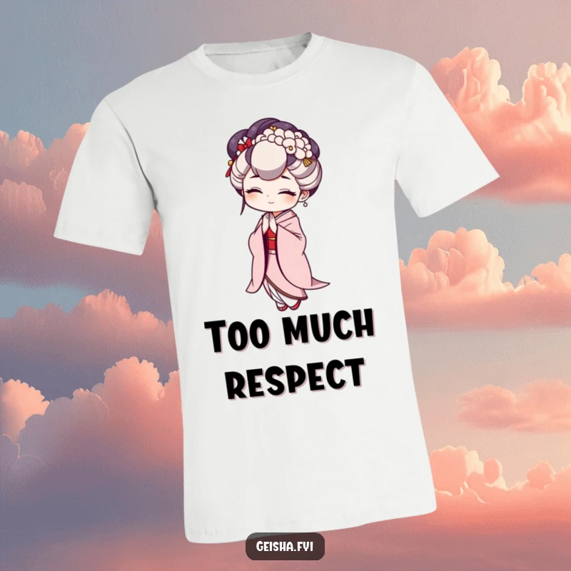 Funny Geisha T-Shirt depicting a character in a deeply exaggerated, humorous bow, perfect for casual wear.