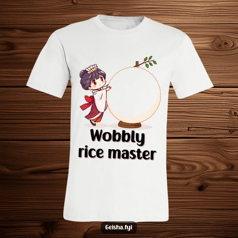 Funny Geisha Rice Ball T-Shirt: a character comically attempting to balance a large, wobbly rice ball, illustrating a humorous struggle.