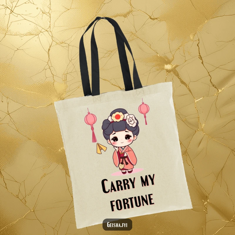 Funny Fortune Cookie Geisha Tote Bag: A tote bag featuring a geisha character happily tossing a fortune cookie.