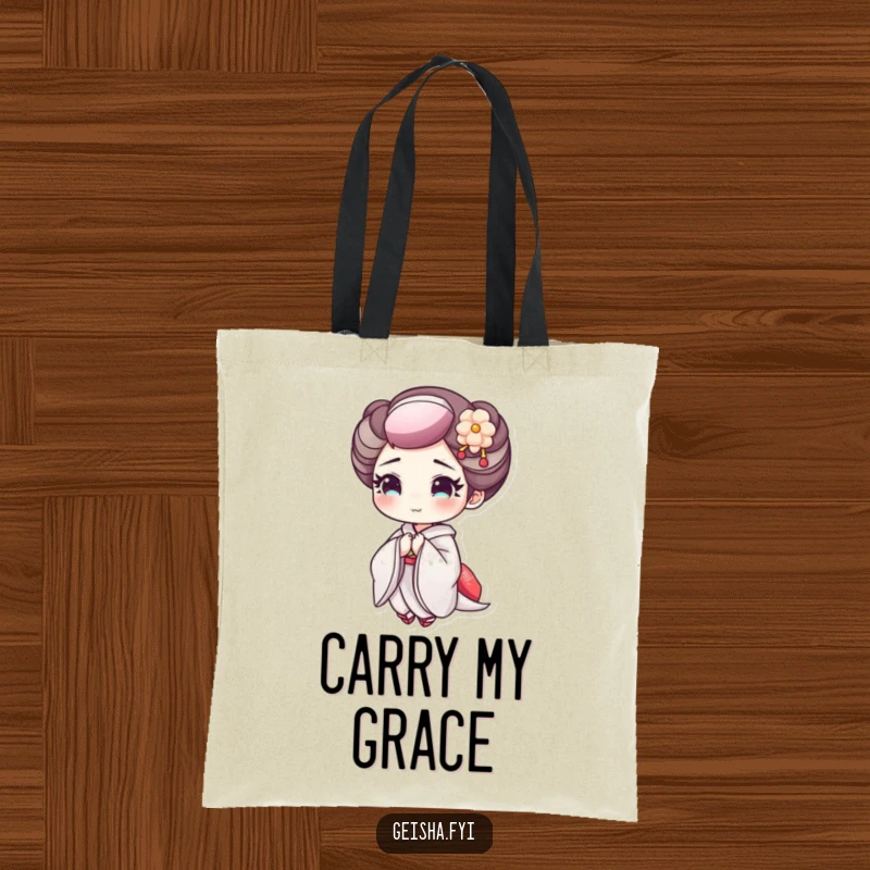 Funny Geisha Bowing Tote Bag: A tote bag featuring a geisha character with delicate makeup bowing cheerfully.