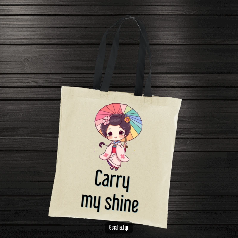 Funny Geisha Tote Bag: A geisha character cheerfully spins a glittery parasol, a vibrant and fun accessory.