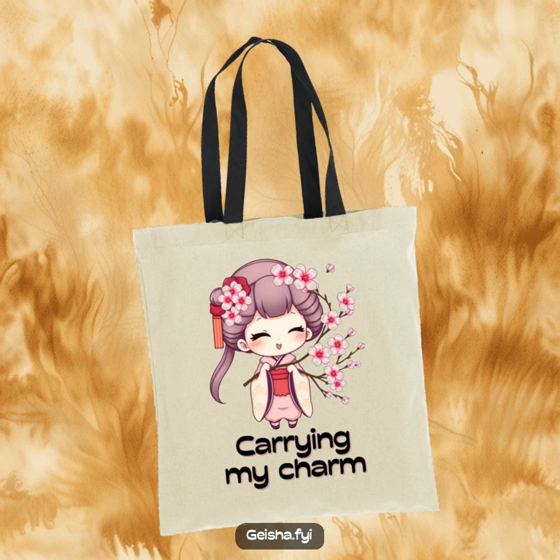 Funny geisha tote bag featuring a charming geisha winking while holding a cherry blossom sprig, perfect for style and humor.