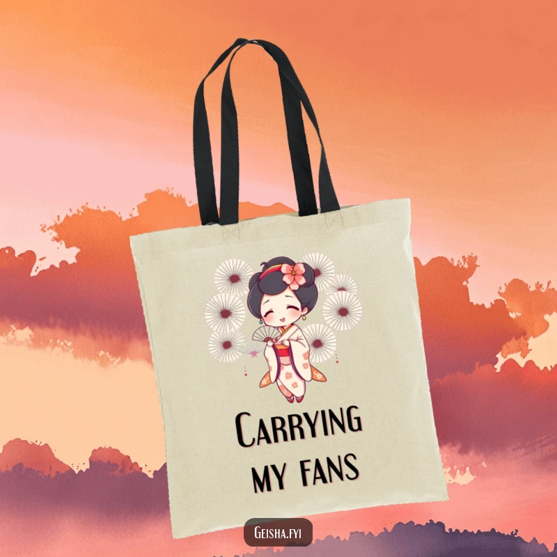 Funny geisha tote bag featuring a joyful geisha fanning herself with multiple fans, perfect for shopping and carrying essentials.