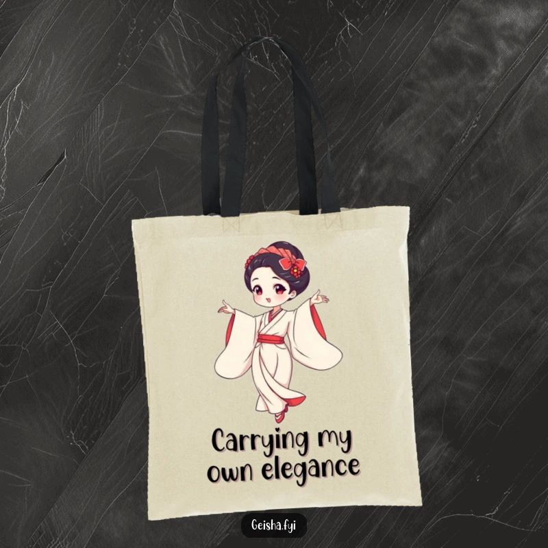 Funny geisha dancing with flowing sleeves tote bag, elegant design, practical humor, excellent funny gift.