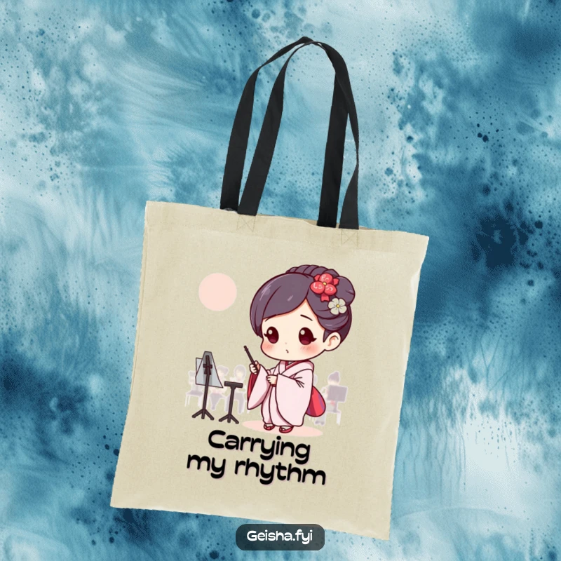 Funny Geisha conducting an invisible orchestra, humorous and functional tote bag.