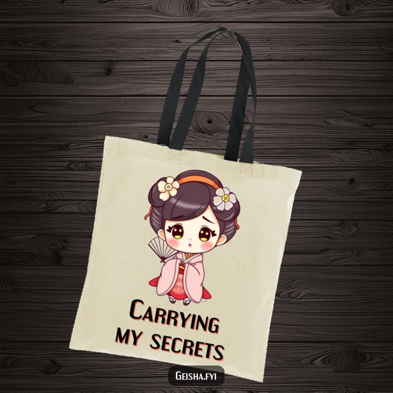 Funny Surprised Geisha Tote Bag, a cute character holding a fan with a surprised expression, adding elegant humor to your belongings.