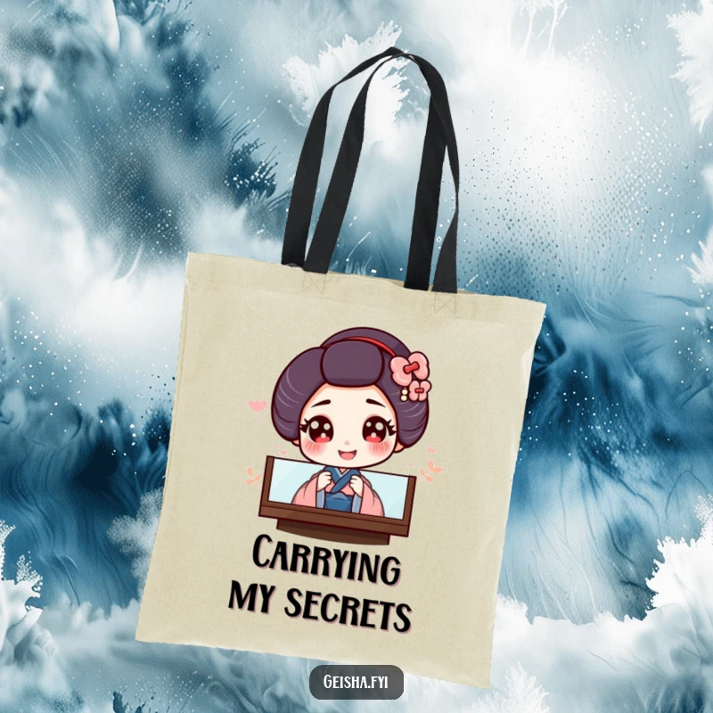 Funny tote bag showing a giggling geisha with large eyes peeking coyly from behind a screen, embodying playful grace.