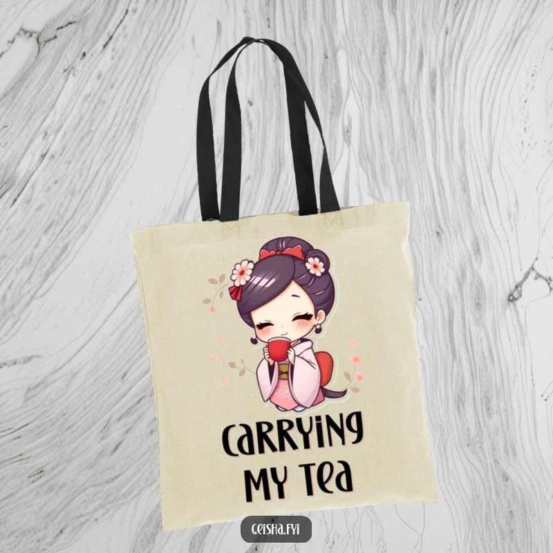 Funny tote bag with a cute geisha character smiling widely while holding a teacup, perfect for stylish errands.