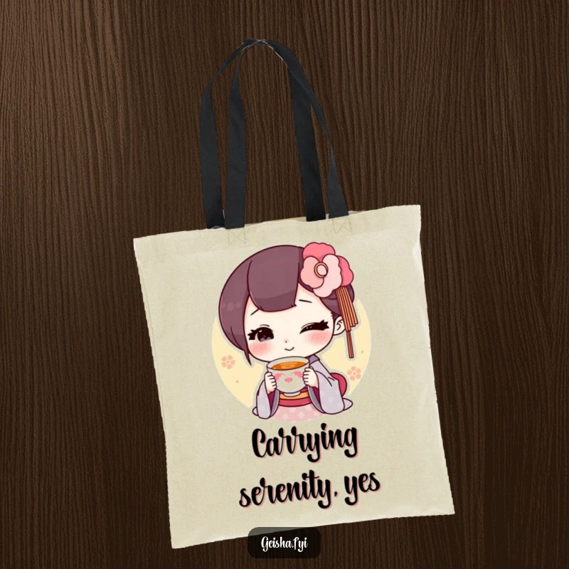 Funny geisha offering a tiny smiling teacup tote bag, charming design, practical humor, excellent funny gift.