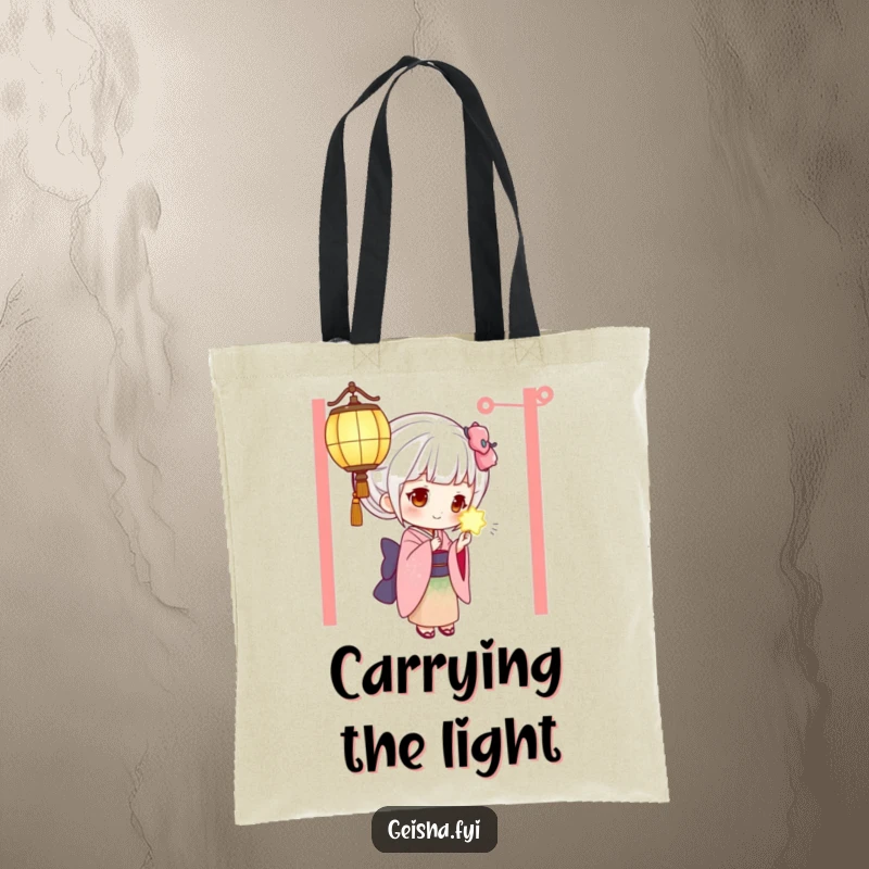 Funny geisha tote bag illustrating a curious geisha gazing at an ethereal glowing lantern, a humorous and practical accessory.