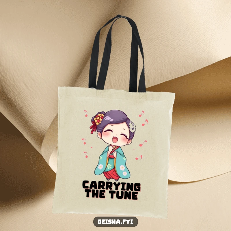 Funny Geisha Tote Bag: A stylish tote featuring a geisha singing with delight and musical notes, perfect for carrying your passion.