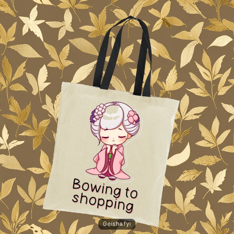 Funny geisha tote bag, chic accessory showing a character bowing deeply with a mischievous grin, perfect for humorous shoppers.