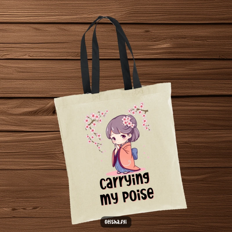 Elegant tote bag illustration of a geisha character bowing respectfully, adorned with falling cherry blossoms, perfect for carrying items with style.