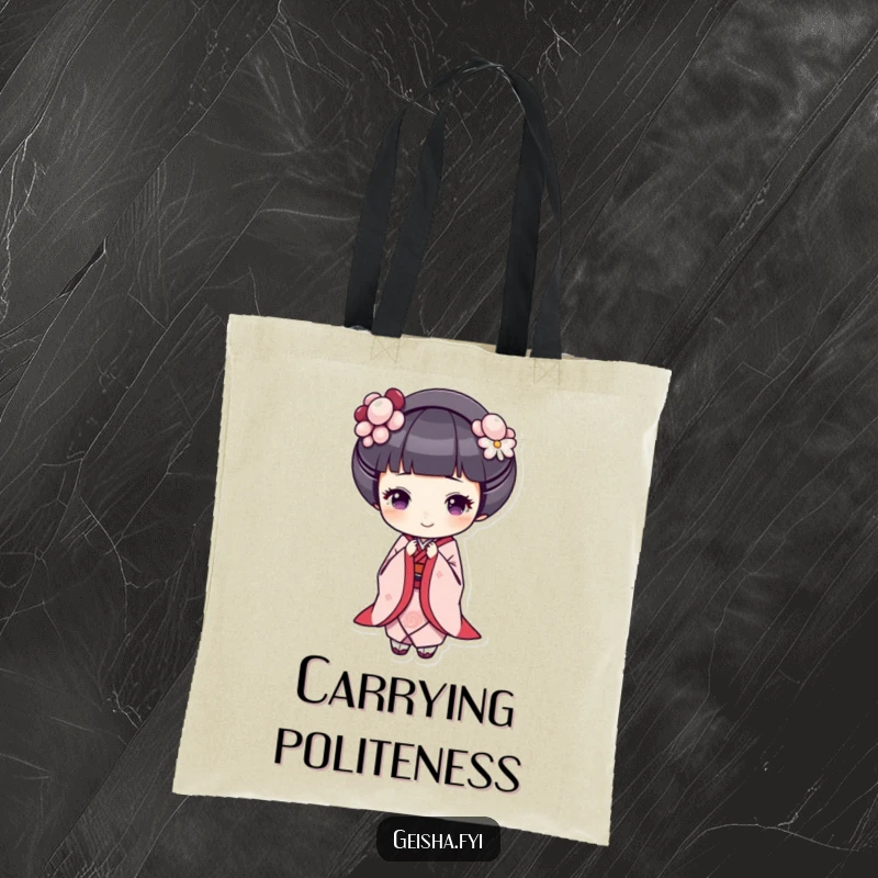 Funny geisha tote bag, a geisha bows gracefully with a cheerful expression, perfect for carrying essentials with style.