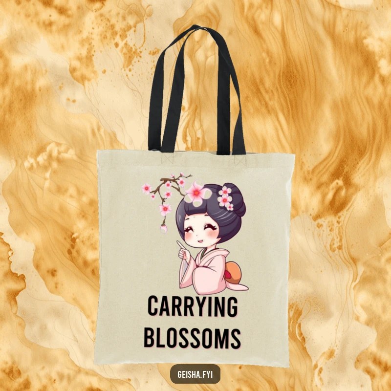 Funny geisha tote bag, a geisha smiles widely pointing at a falling cherry blossom, a symbol of joy and beauty.
