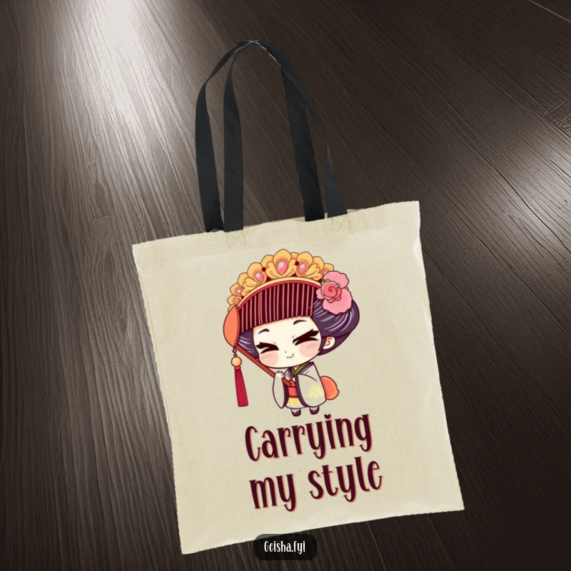 Funny Geisha Tote Bag: A geisha character with a mischievous smile tries on a large, ornate comb.