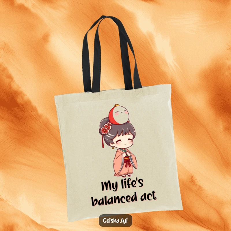 Funny Geisha Tote Bag: A stylish geisha character humorously balances a tiny Daruma doll on her head, perfect for carrying treasures.