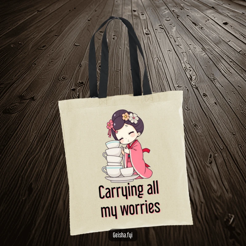 Funny geisha doll tote bag character attempting to balance many teacups, one is about to fall. Humorous, practical, and stylish accessory.