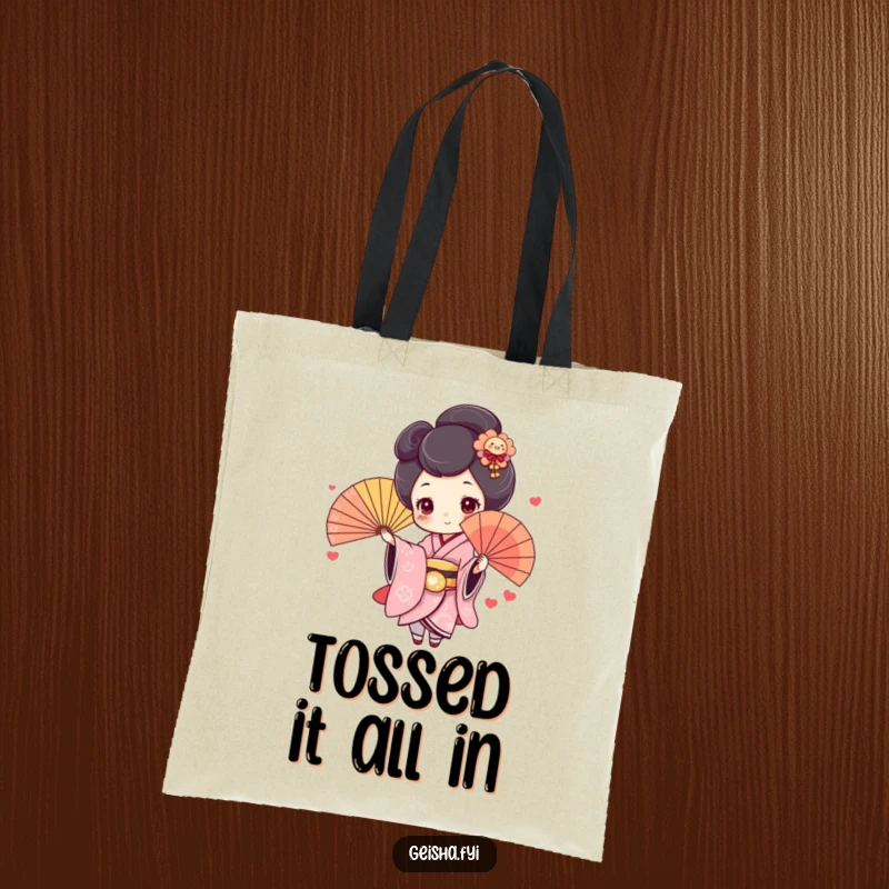 Funny Geisha Tote Bag: Cute character with rosy cheeks joyfully throws a colorful fan, a spacious and humorous carry-all.