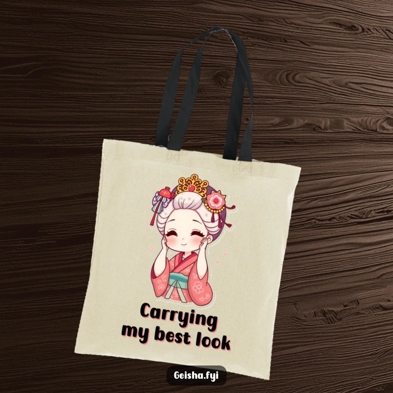 Funny geisha adjusting ornate hair accessory with a smile tote bag, chic design, practical humor, excellent funny gift.