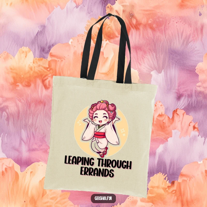 Funny Geisha Jump Tote Bag: a lively character leaping energetically with a flourish, ideal for carrying everyday items.