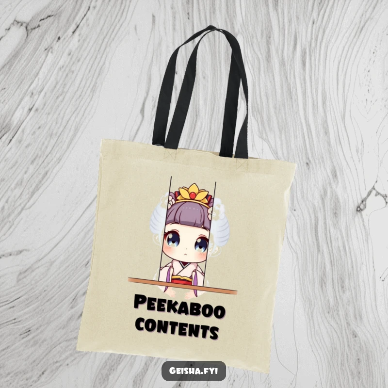 Funny geisha character with wide, curious eyes playfully peeking from behind a screen on this humorous tote bag.
