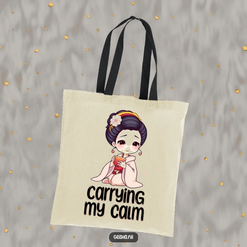 Funny Geisha Tote Bag: Elegant character delicately sips tea, a spacious and humorous carry-all.