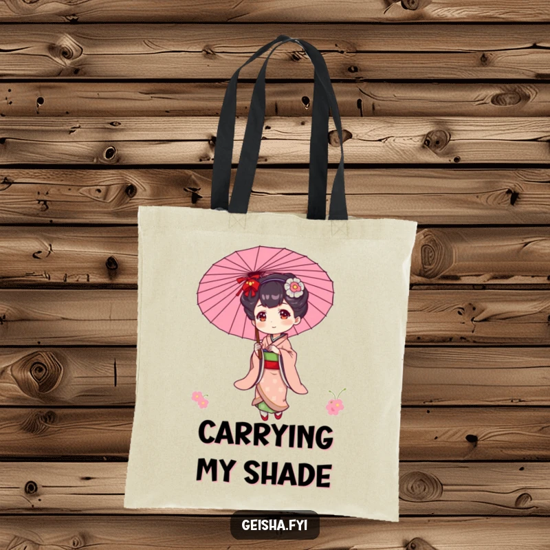 Funny tote bag featuring an elegant geisha character playfully balancing a parasol, perfect for carrying with style.